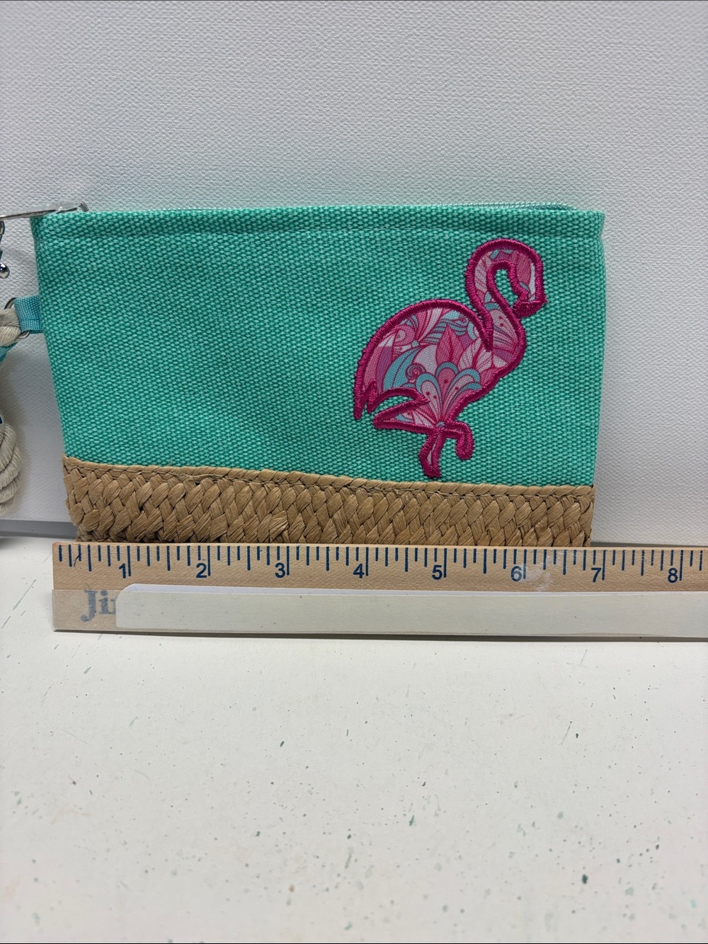 Teal Canvas & Woven Straw Flamingo Wristlet Clutch - Picture 5 of 11